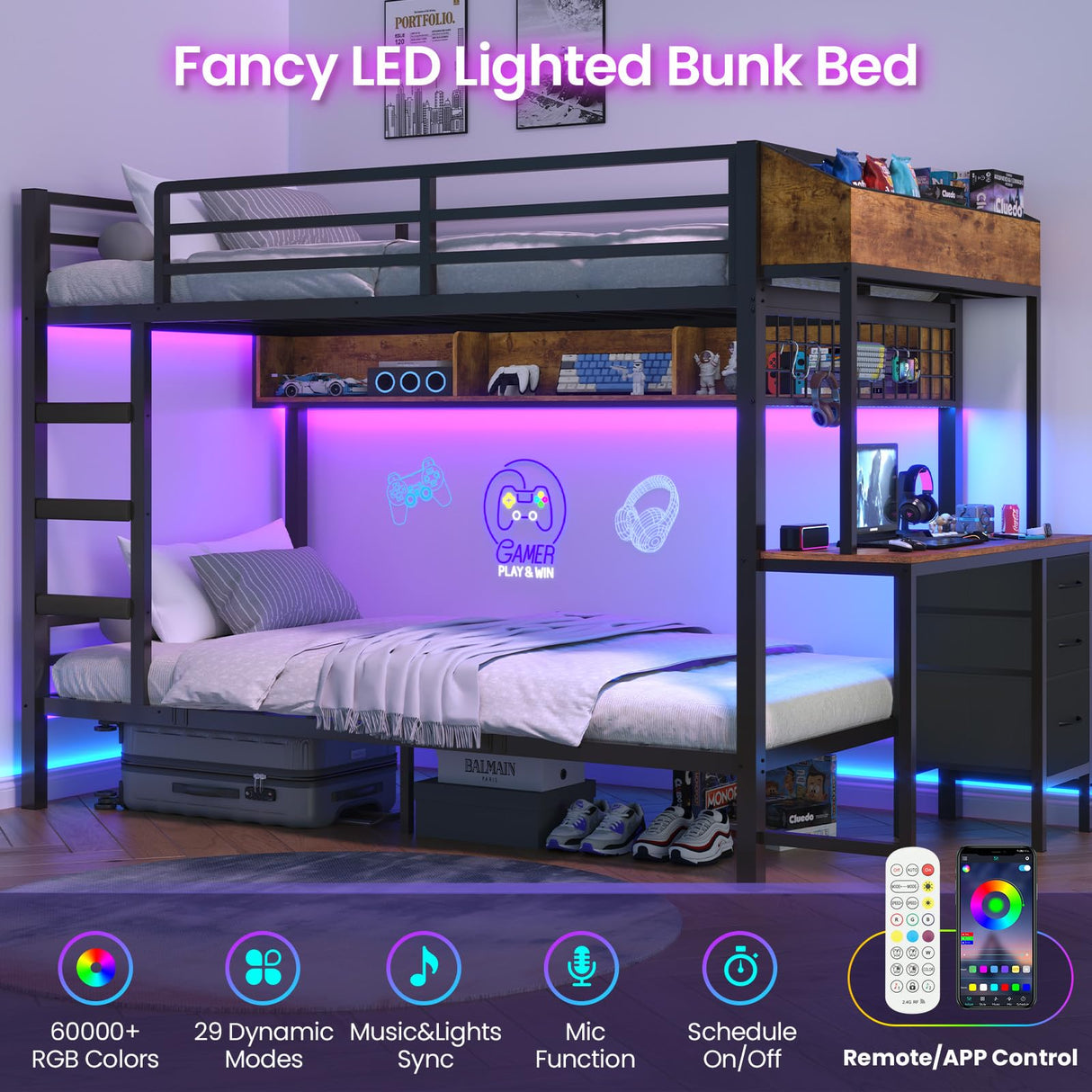 VIAGDO Bunk Bed Twin Over Twin with Charging Station and LED Lights, Heavy Duty Metal Bunk Bed with Desk and 3 Storage Drawers, Utility Storage Shelf and Boxes, No Box Spring Needed, Black VIAGDO