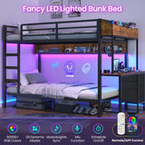 VIAGDO Bunk Bed Twin Over Twin with Charging Station and LED Lights, Heavy Duty Metal Bunk Bed with Desk and 3 Storage Drawers, Utility Storage Shelf and Boxes, No Box Spring Needed, Black VIAGDO
