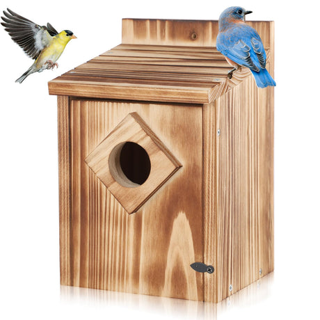 Gtongoko Bird Houses for Outside Clearance 1-3/5” Entrance Hole Wood Blue Birdhouses for Outdoors with Air Vents Easy to Clean Carbonized Wooden Nesting Box for Cardinals Swallows Finches Chickadee Gtongoko