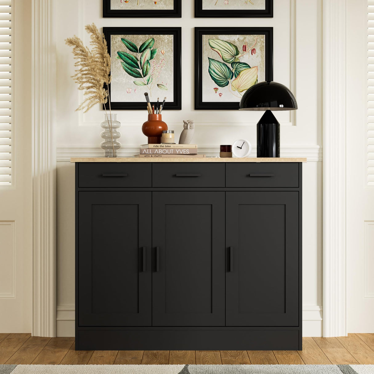 Anystyle 43.3" W Black Buffet Cabinet, Coffee Bar Cabinet with 3 Drawers & 3 Doors, Kitchen Buffet Sideboard for Living Room, Kitchen Anystyle
