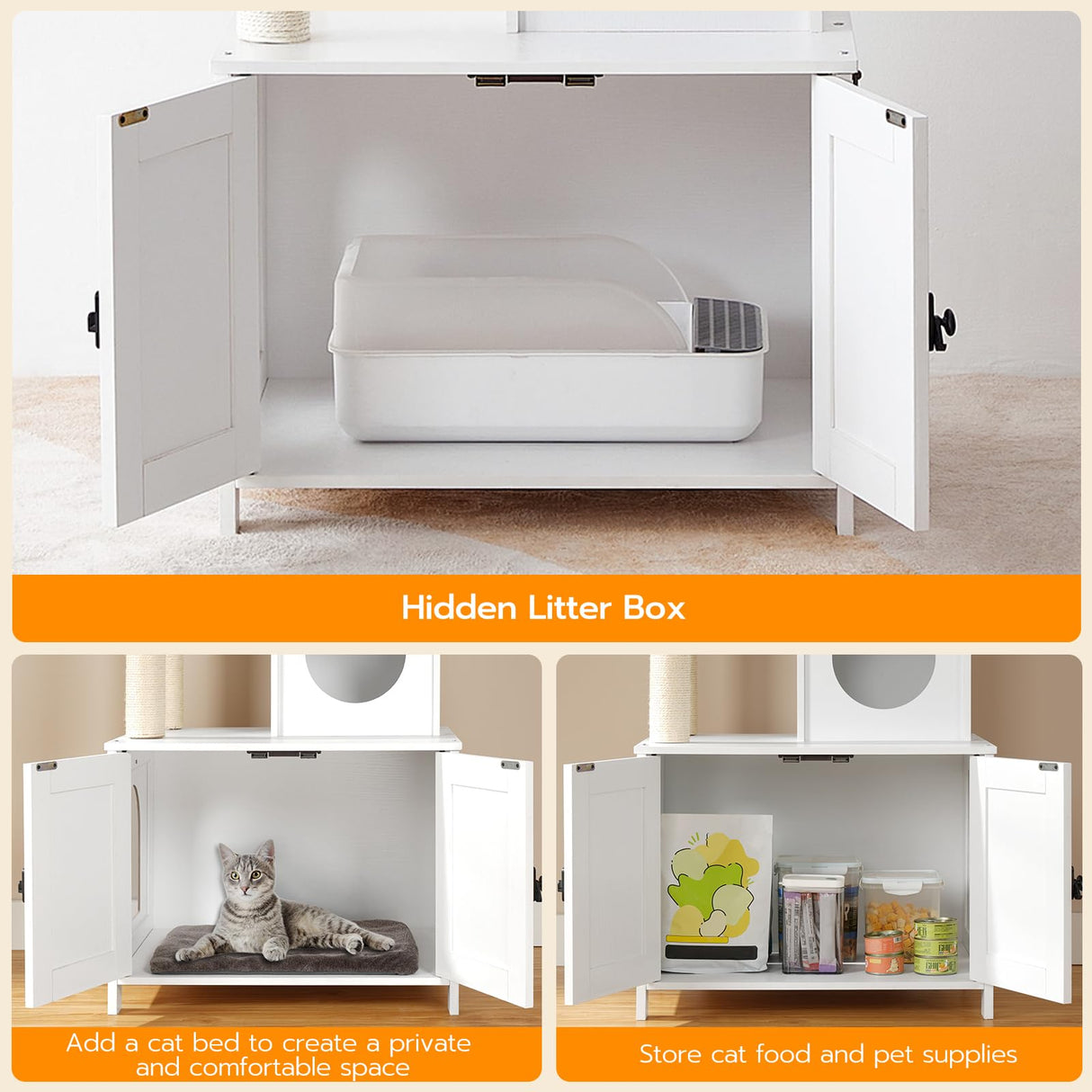 HOOBRO Cat Tree Tower with Litter Box Enclosure for Indoor Cats, Wooden Cat Condo with Scratching Posts, Cat Litter Box Furniture Hidden, All-in-One Cat Toy with Cat House, White WT15MZ03 HOOBRO