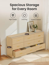 Miscoos 9 Drawer Dresser, 62.9" Large Deep Chest of Drawers,Wooden Dresser Storage Cabinet with 9 Drawers for Bedroom, Long Natural Dressers for Living Room, Hallway,Nursery Miscoos