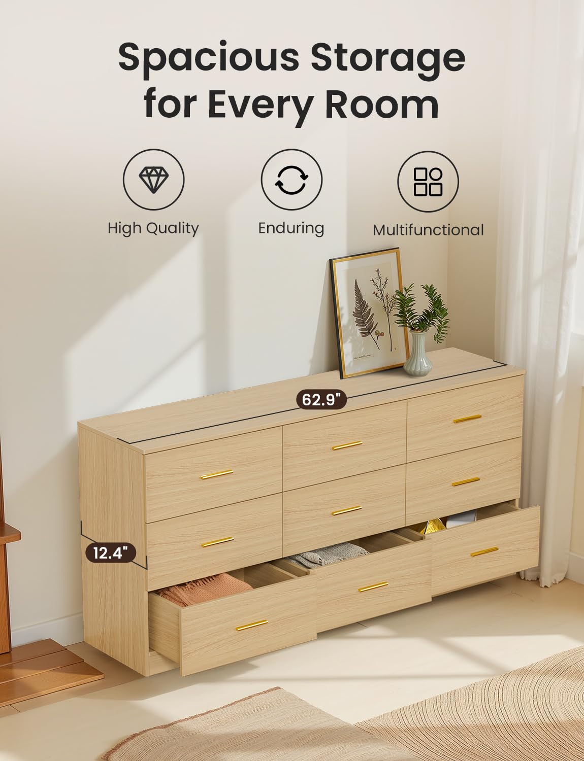 Mixcous 9 Drawer Dresser, 62.9" Large Deep Chest of Drawers,Wooden Dresser Storage Cabinet with 9 Drawers for Bedroom, Long Oak Dressers for Living Room, Hallway,Nursery Mixcous