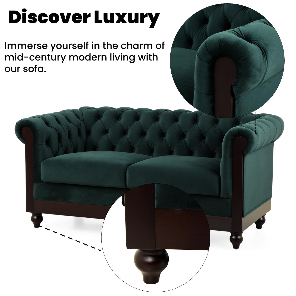 Merax Velvet Chesterfield Sofa, Retro Style Upholstered 3 Seater Leather Couch Rolled Arm for Living Room Bedroom Office, Dark Green Merax