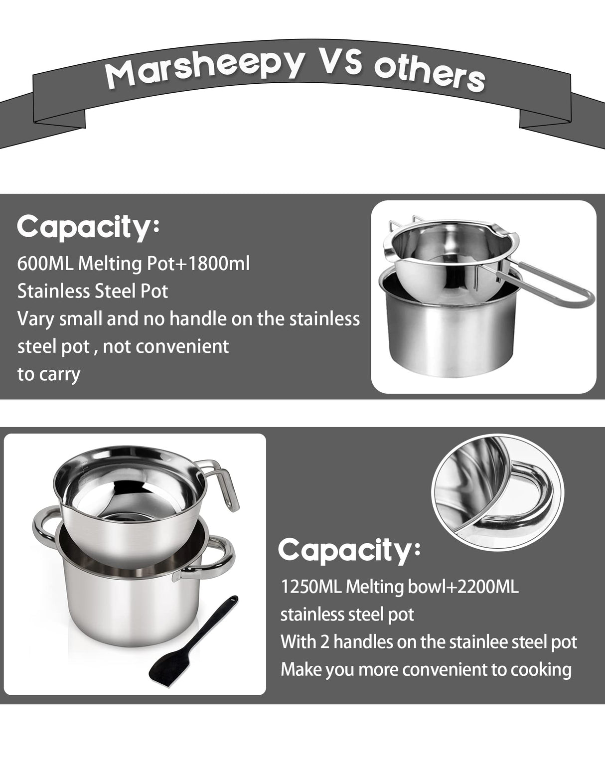 Double Boiler Pot Set,1250ML/1.1QT Mixing Bowl for Chocolate Melting, 2200ML/ 2QT 304 Stainless Steel Pot With Silicone Spatula for Melting Chocolate, Candy, Candle, Soap, Wax Marsheepy