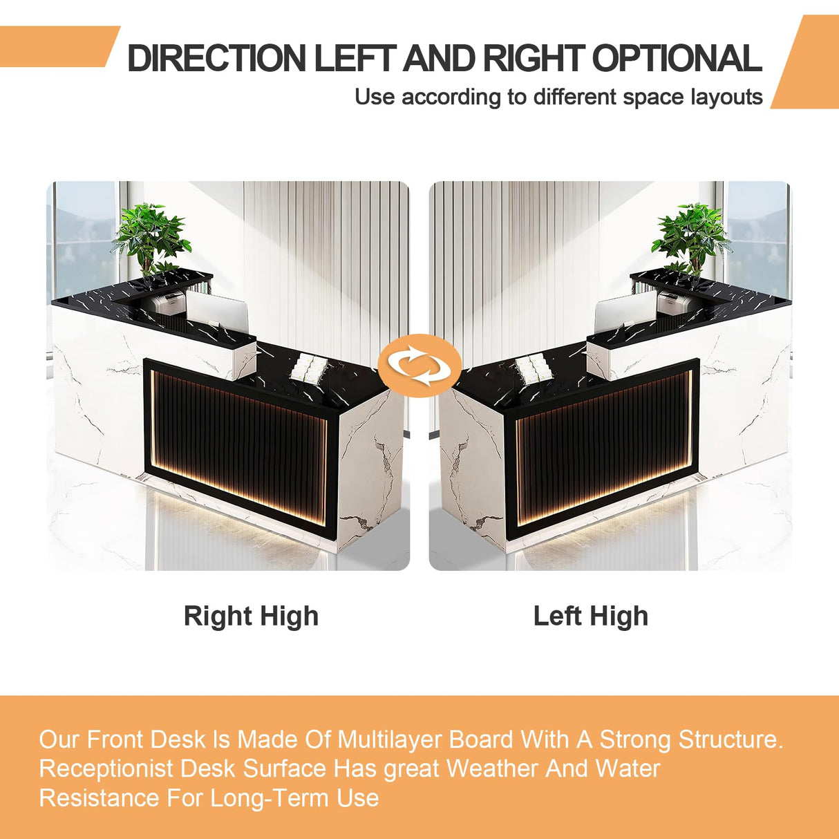 Modern Reception Desk with LED Lights L Shaped Office Front Desk Counter Black and White Reception Table Retail Checkout Counter for Shop Salon Lobby Right Corner 180cm/71inch Generic