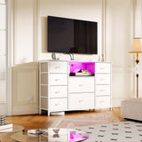 Dresser for Bedroom with 10 Drawers, White Storage Organizer TV Stand for 55" TV with LED Lights and Sockets, Fabric Chest of Drawers with PU Finish for Kid Room, Entryway, Living Room, Hallway LIWEIJIA