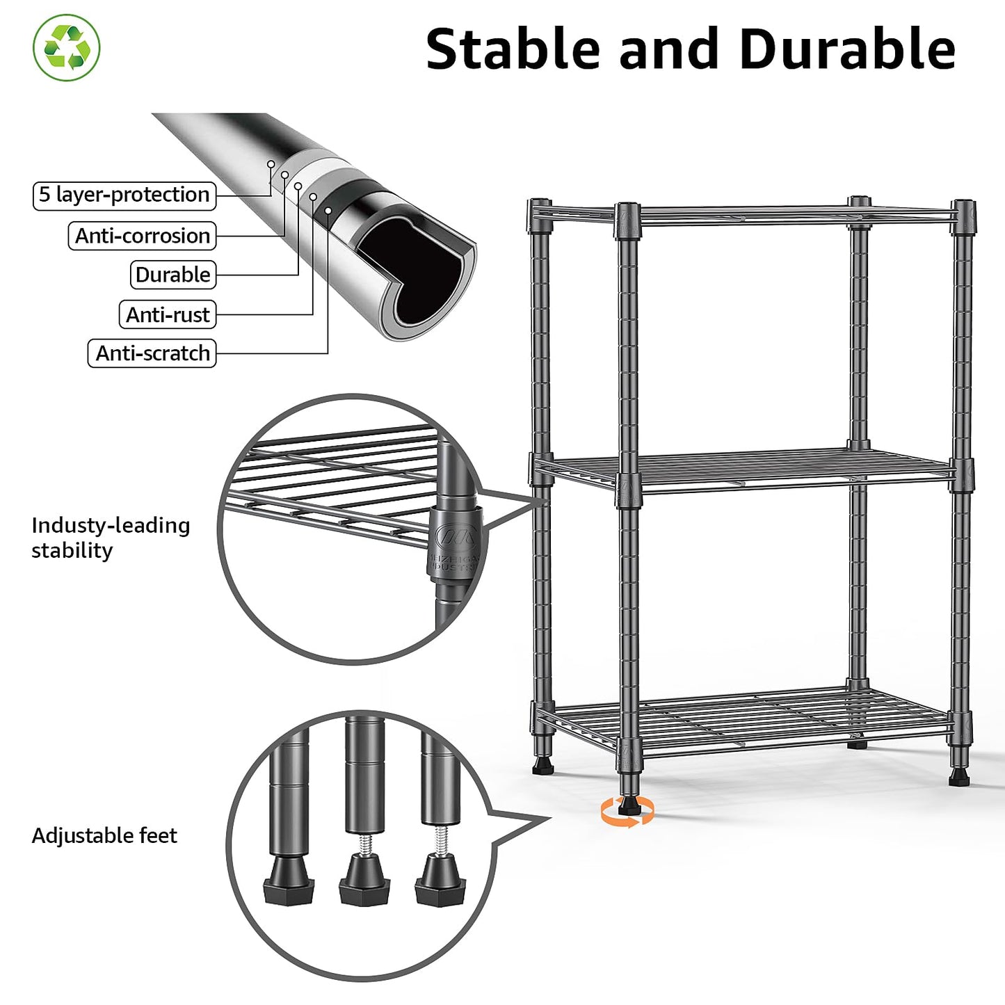 MZG 450 lbs Steel Storage Shelving 3-Tier Utility Shelving Unit Steel Organizer Wire Rack for Home,Kitchen,Office (11.8" D x 17.7" W x 26.3" H)