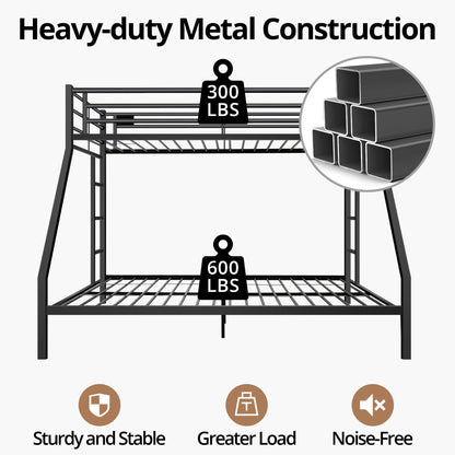 Metal Twin XL Over Queen Bunk Bed for Kids, Heavy Duty Bunk Bed Frame with 2 Safety Side Ladders and Full Length Guard Rail, Space-Saving Bunk Bed for Children, Teens, Adults, Noise-Free, Sandy Black