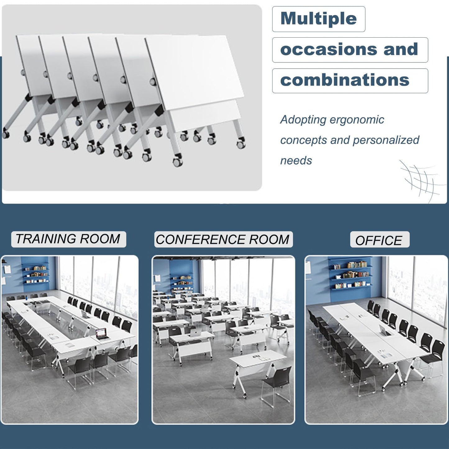 rzoizwko Folding Conference Room Tables with Wheels, 6 Pack Modern Rectangular Foldable Conference Table, Flip Top Mobile Training Table Meeting Table for Office Meeting Room Classroom - WoodArtSupply