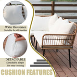 Homsido 4 Pieces Patio Sectional Furniture Chairs Set Boho Water-Resistant Outdoor Indoor Wicker Sectional Sofa Beige Woven PE Rattan Conversation Chat Set with Rect Side Table(White Cushions) Homsido