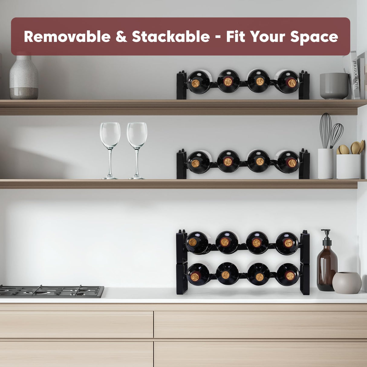 ICOHOT Stackable Wine Rack Countertop, Sturdy Wine Bottle Holder Freestanding for Cabinet, 2 Tier Small Tabletop Wine Holder Stand for Pantry Bar, Wire Wine Bottle Rack Metal Wine Storage Organizers ICOHOT
