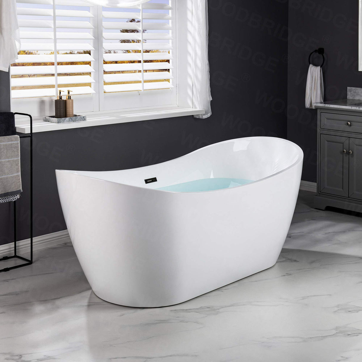 WOODBRIDGE 71" Acrylic Freestanding Bathtub Contemporary Soaking Tub, White Acrylic (Matte Black Drain/Overflow),B0017 MB Drain &O WOODBRIDGE