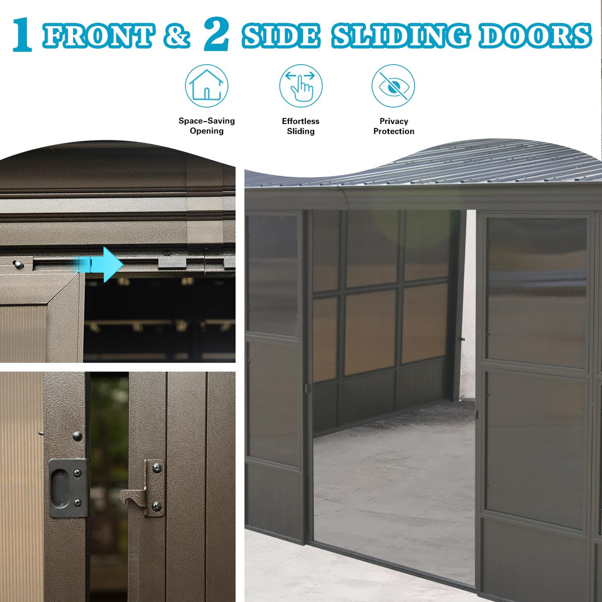 Domi 12x16FT Wall-Mounted Sunroom Gazebo, Aluminum Solarium with Galvanized Steel Sloping Roof, Detachable PC Screens, Front & 2 Side Sliding Doors, Outdoor Sun Room Lean to Gazebo for Patio Deck Lawn domi outdoor living