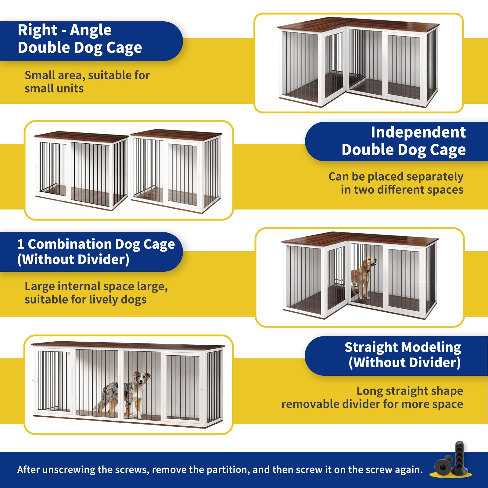 Dog Crate Furniture for 2 Dogs, 80.7" Large Dog Kennel Furniture with Dividers and Double Doors, All Steel Frame Double Dog Crate, 43.3" L X 23.6" W X 31.5" H, 37.4" L X 23.6" W X 31.5" H (Wh - WoodArtSupply