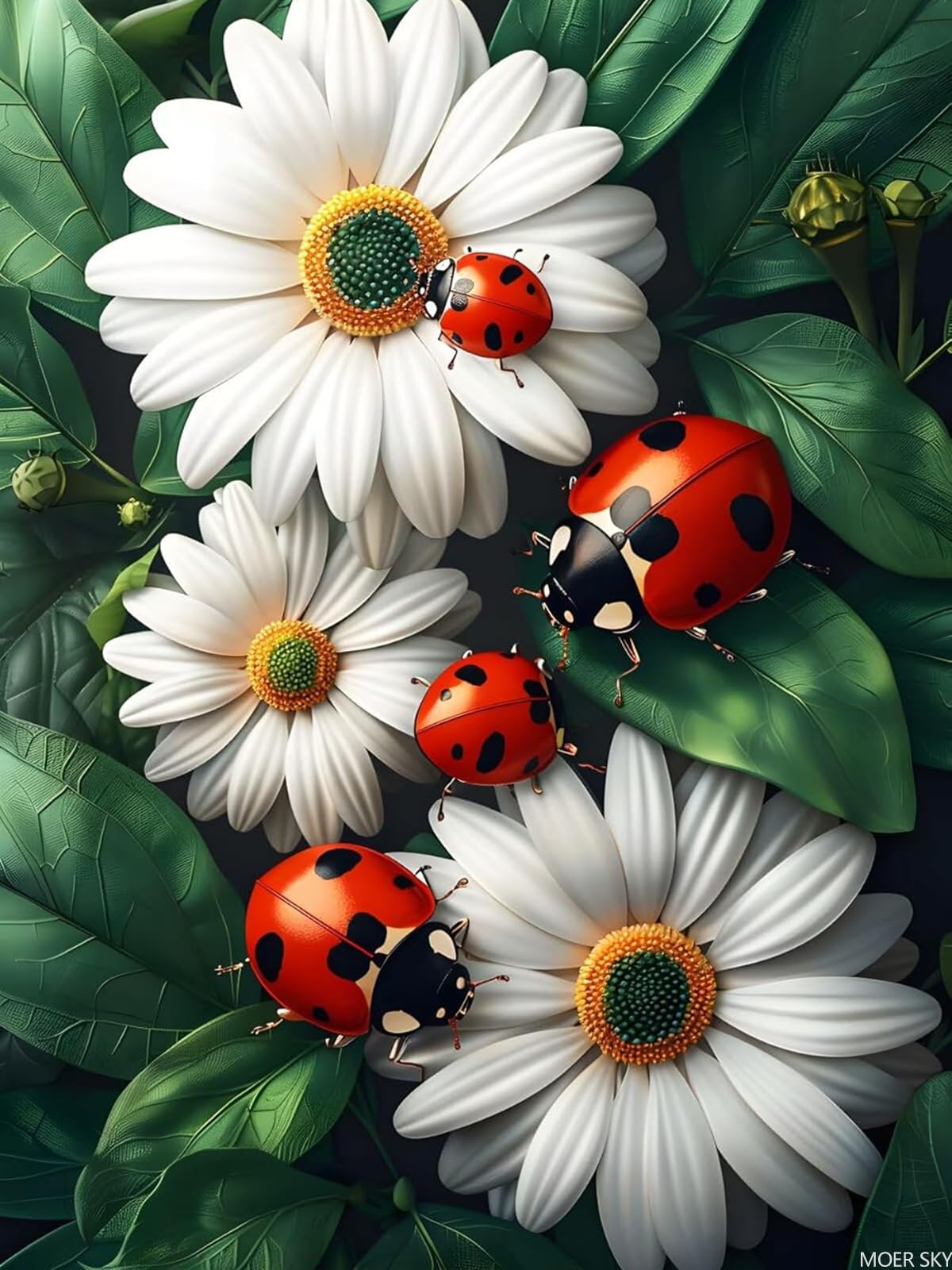 MOER SKY Beautiful Ladybugs Daisy Diamond Painting Art Kit for Adults, Spring Diamond Art Painting for Beginners, Full Drill Round Gem Art Flowers Painting 12x16 Inch MOER SKY