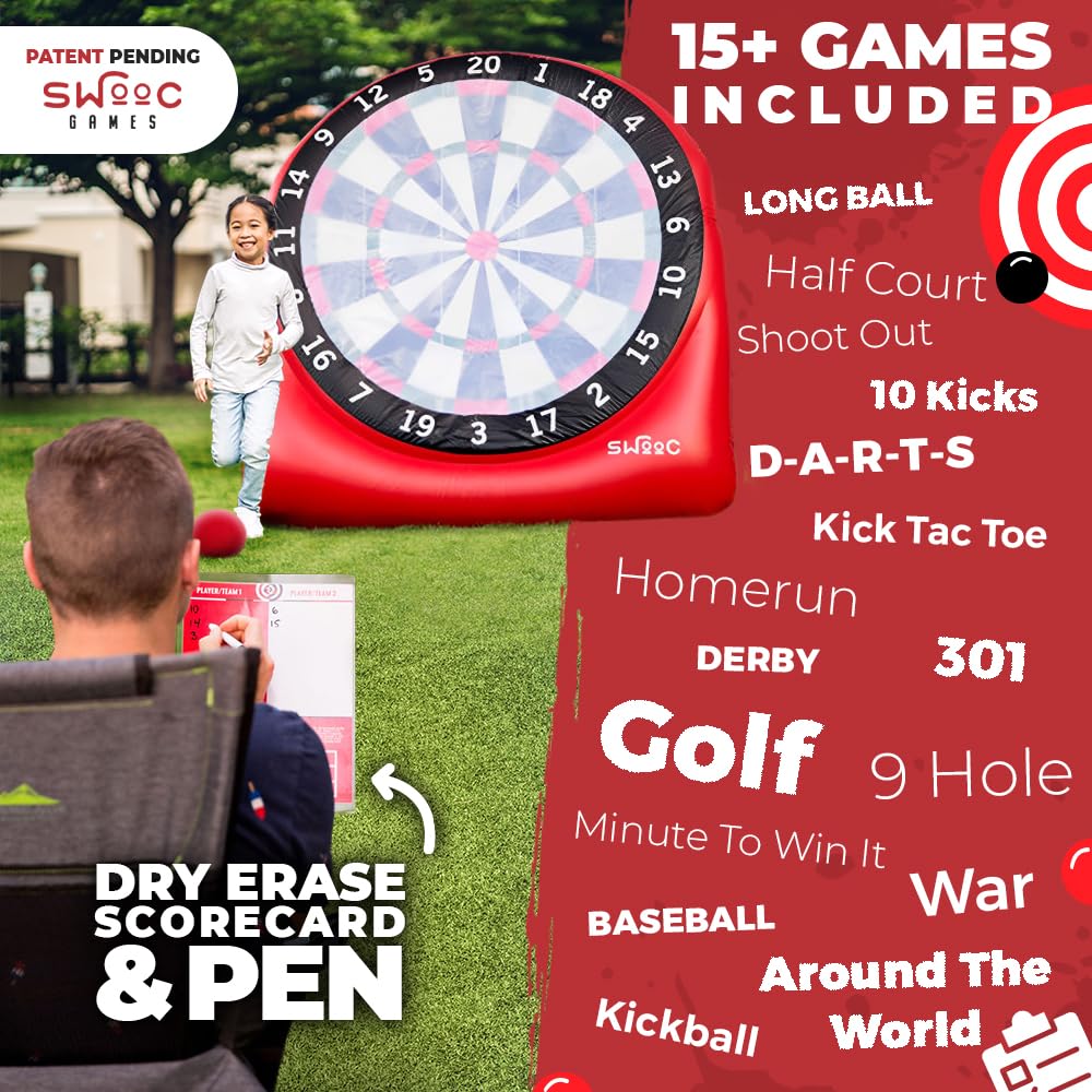 SWOOC Games - Giant Kick Darts (Over 6ft Tall) with 15+ Games Included - Jumbo Soccer Darts with Air Pump - Big Inflatable Games - Carnival Games - Giant Outdoor Games & Activities - Giant Yard Games SWOOC