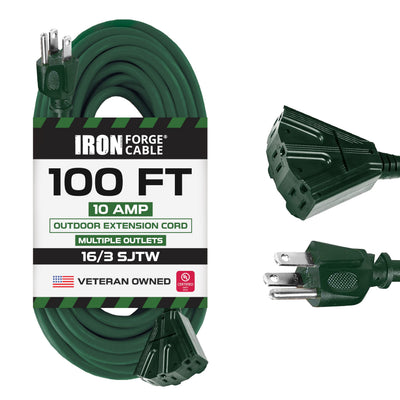 Iron Forge Cable 100 Ft Outdoor Extension Cord with 3 Outlet, 16/3 Weatherproof Green Extension Cord with Multiple Outlets, Long Extension Cord 100 Foot, Great for Outside, Lawn & Landscaping