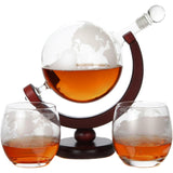 Lily's Home World Globe Whiskey Decanter with Dark Finished Wood Stand, Bar Funnel, and 2 Matching Glasses (850 ml) Lily's Home