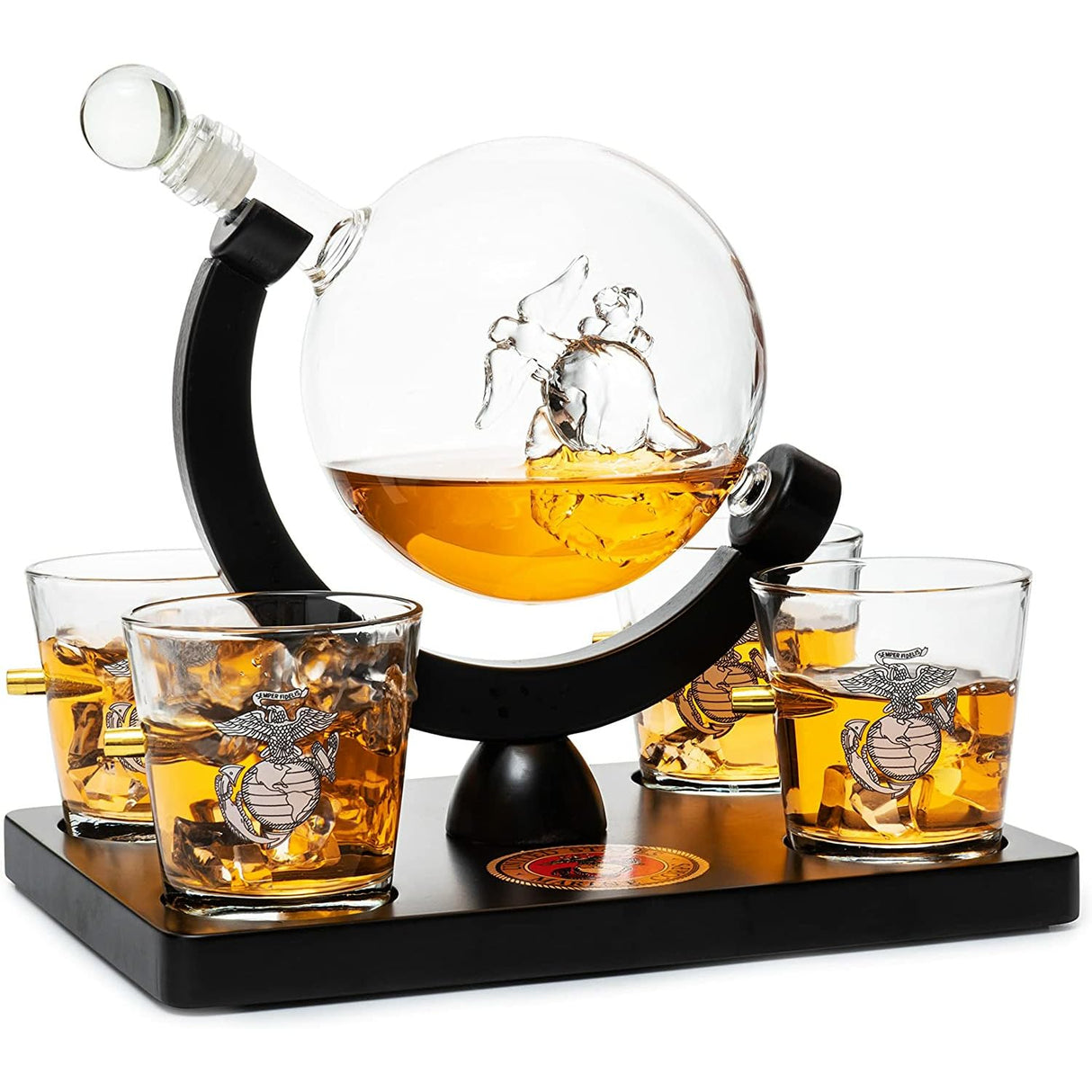 U.S. Marine Globe Whiskey Decanter Set with 4 Liquor Glasses - Marine Veteran Gift Set with Mahogany Wood Base & Emblem - Gifts for Men, U.S.A Flag - Bourbon and Scotch Military Gifts for Dad (29 OZ) The Wine Savant