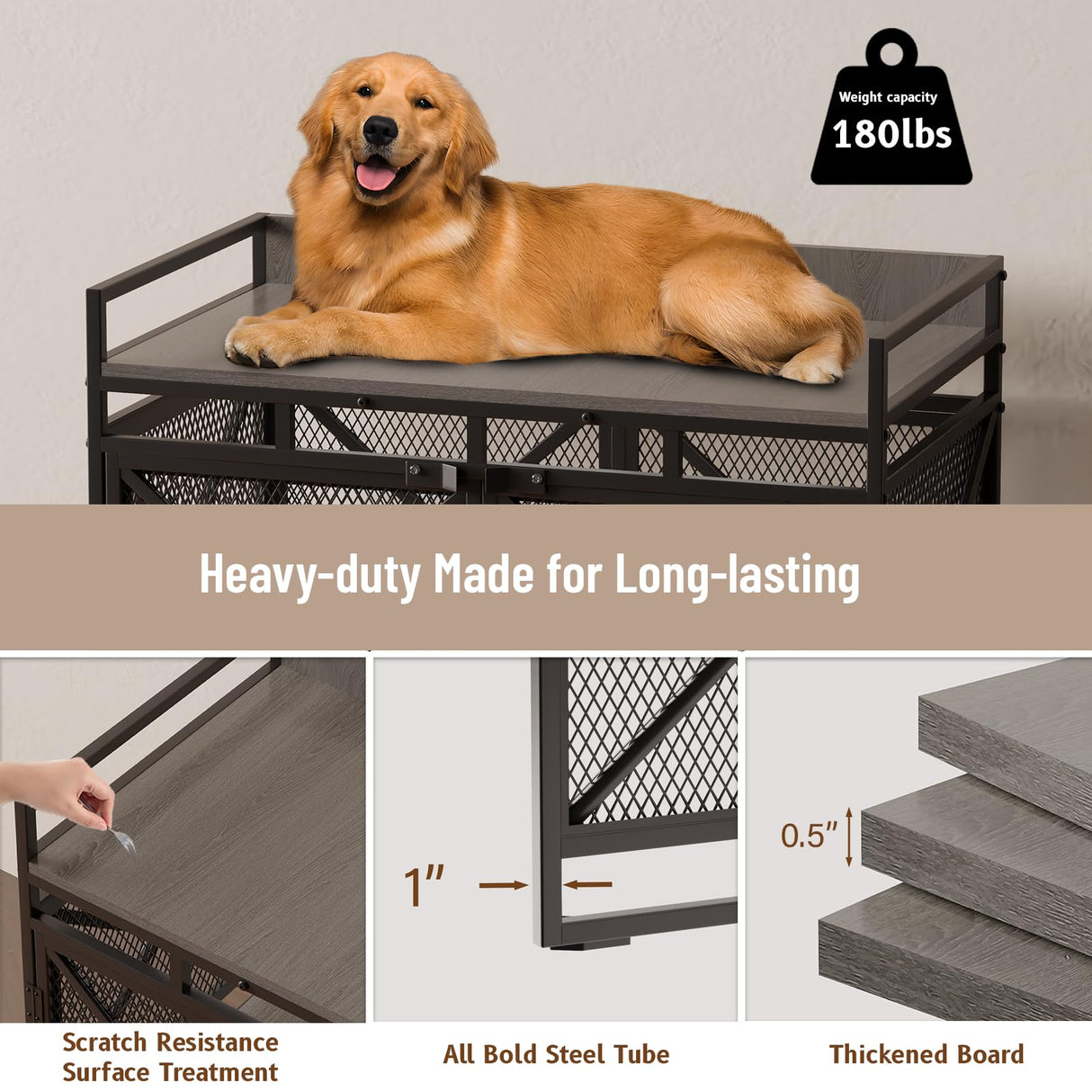 COZPAW Large Dog Crate Furniture, 48 Inch Wooden Dog Kennel for XLarge Dogs, Heavy Duty Dogs Furniture Indoor Wire Dog Cage with Caster Wheels,Decorative Pet House End Table, Textured Gray COZPAW