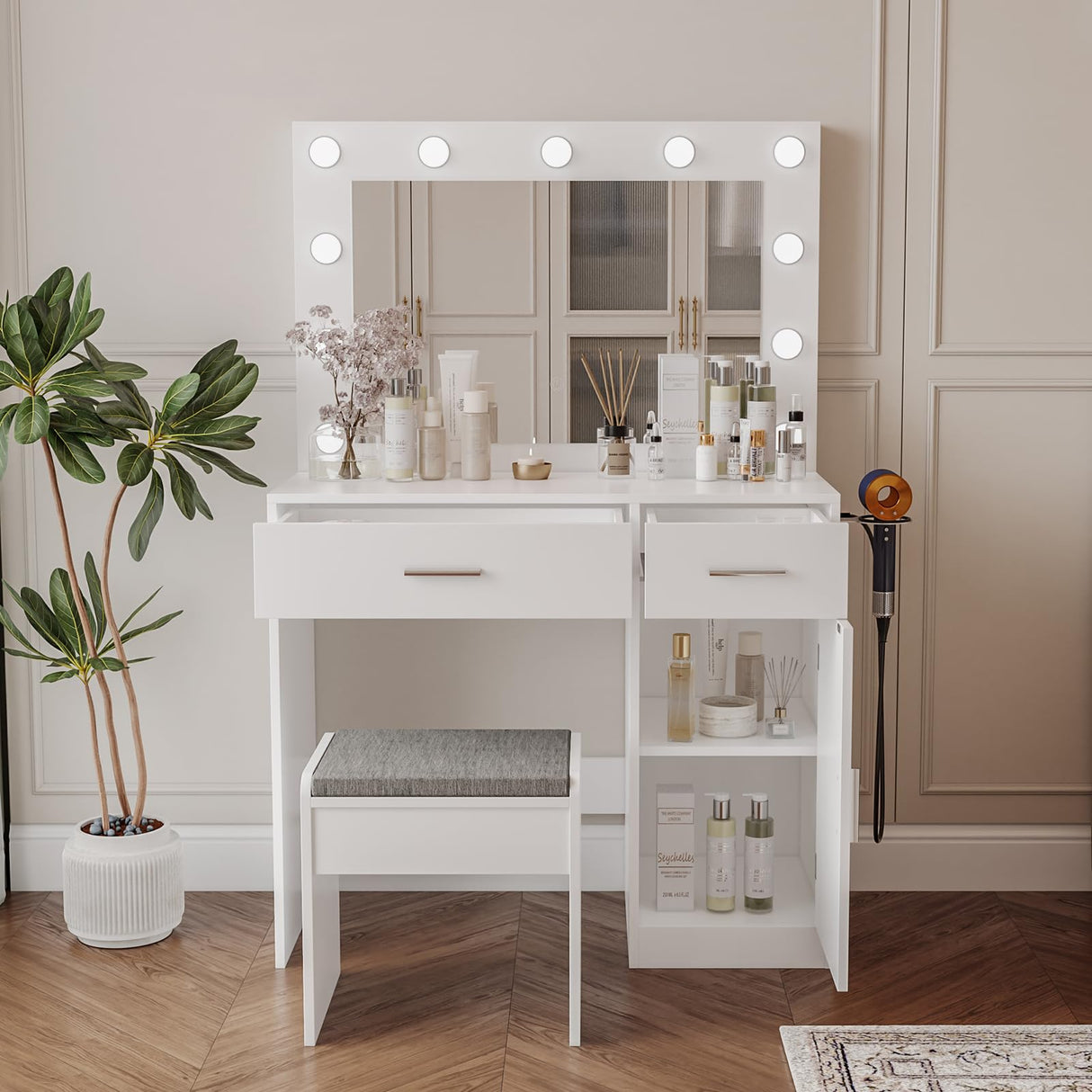 Viaozutis Vanity, Vanity Desk with Mirror, Large Drawer and Power Socket with 11 Light Bulbs and 3 Adjustable Lighting Modes, Vanity Table Ideal for Bedroom (White) Viaozutis