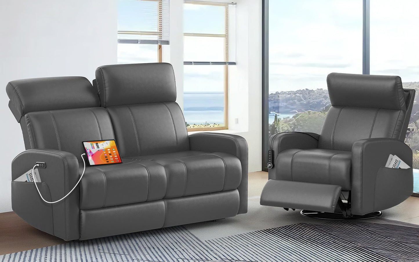 Power Loveseat Recliner Set with Adjustable Headrest, 2+1 Pieces in Living Room, 2 Seater Power Reclining Loveseat with Manual Headrest, 1 Swivel and Rocking Power Recliner Chair with Power Headrest