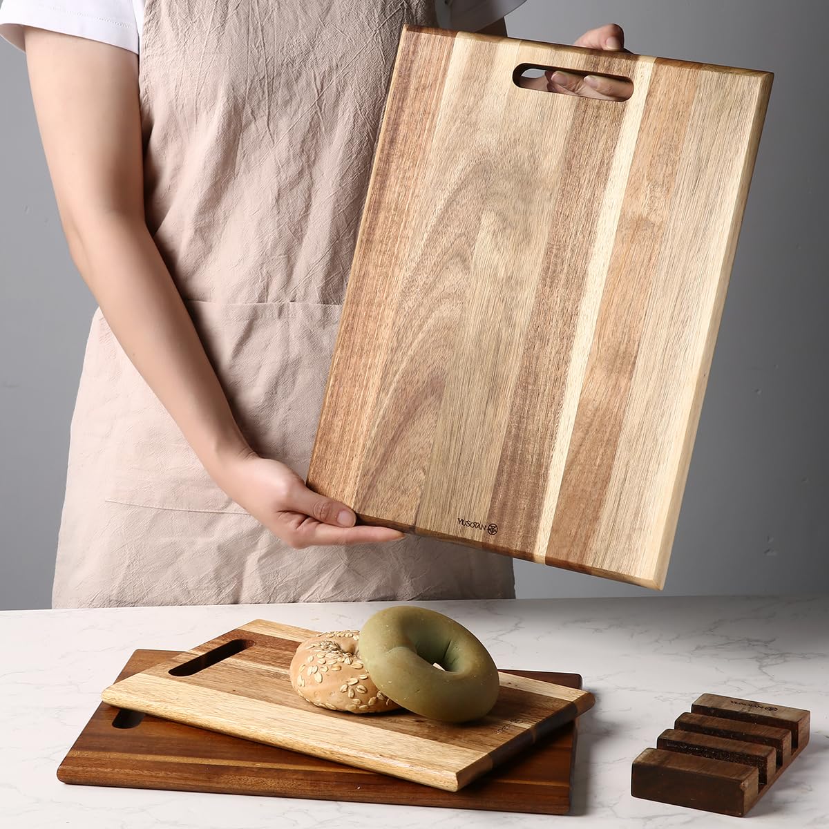 YUSOTAN 3-piece Acacia Wood Cutting Board Set for Kitchen, Large Wooden Cutting Board Set with Handle, Thick Chopping Board, Butcher Block Wooden Trays for Meat, Fruit Vegetable and Cheese