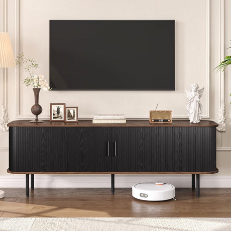 63" Modern Fluted TV Stand for TVs up to 75 Inch , Gaming Entertainment Center with Tambour Slatted Sliding Doors and Storage Cabinet, Media TV Consoles Table for Living Room, Office, Black FiveWillowise