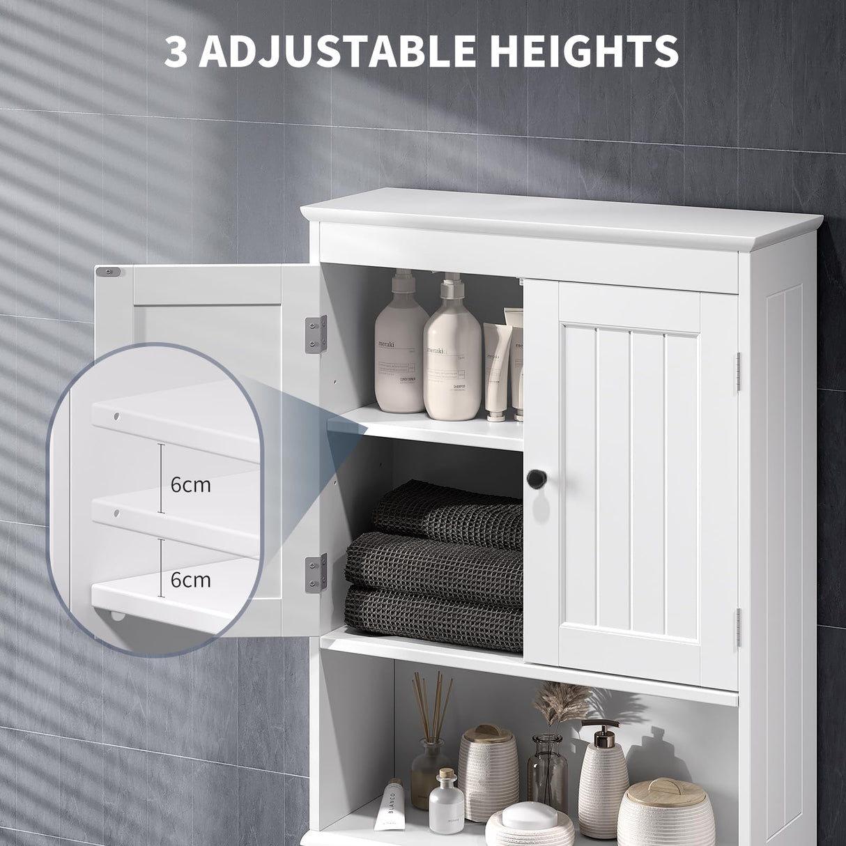 Bealife Over The Toilet Storage Cabinet with Open Shelf, Organizer with Adjustable Shelf and Double Doors,Over The Toilet Storage Shelf Free Standing- White Bealife