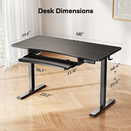 HUANUO 48" x 24" Electric Standing Desk with Large Keyboard Tray(26.7"), Adjustable Height Stand Up Desk for Home Office, 4 Memory Height Settings, 2 Headphone Hooks, Computer Workstation, Black HUANUO