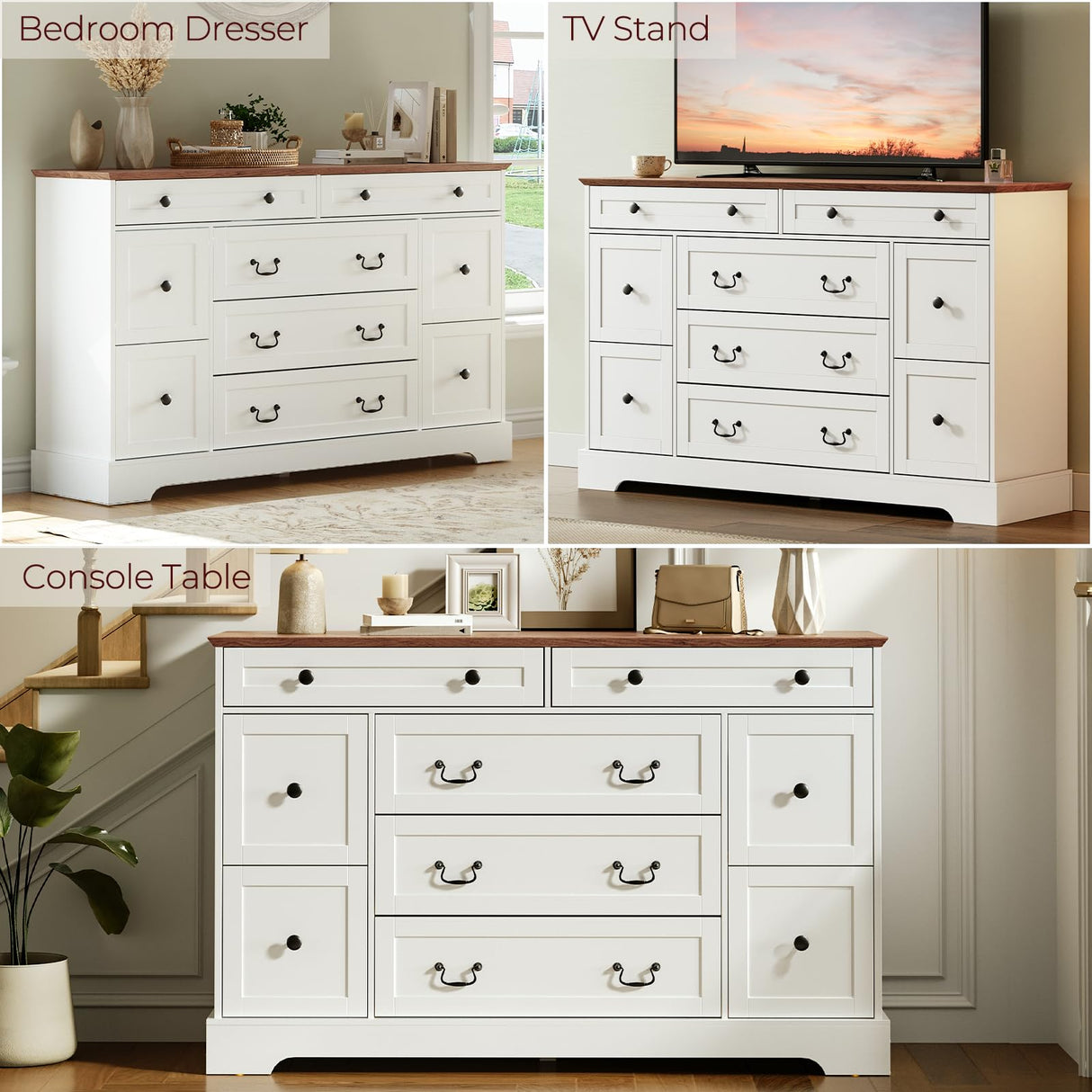 MAHANCRIS Farmhouse 9 Drawer Dresser for Bedroom, 55.1'' Modern Dresser, Engineered Wood Chest of Drawers, TV Stand with Storage, for Bedroom, Living Room, Hallway, White and Walnut MAHANCRIS