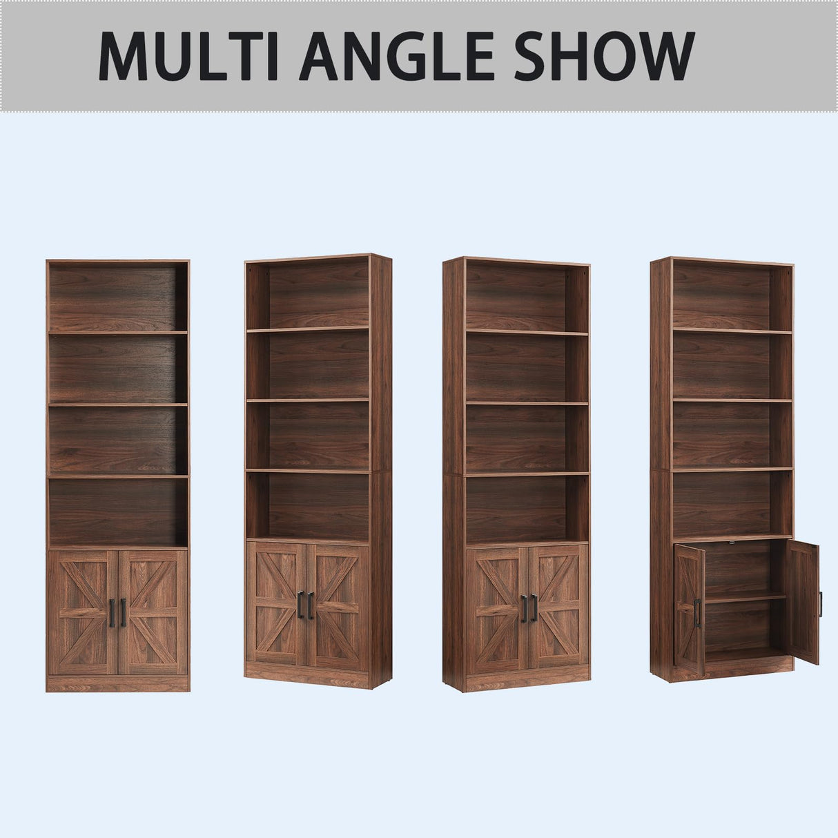 RWYHG 70in Tall Bookshelf 6 Tier Bookcase with Barn Doors and Adjustable Shelf, Brown Farmhouse Book Shelves with Storage Cabinet,Wood Floor Standing Display Bookshelve for Bedroom,Living Room,Kitchen RWYHG