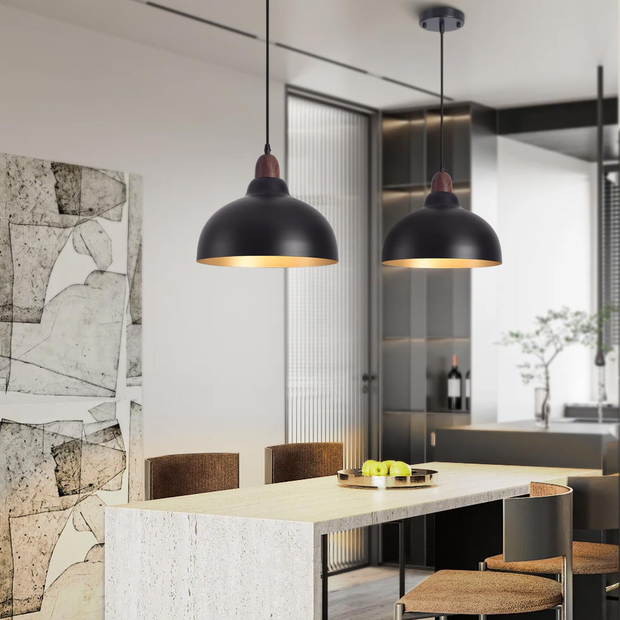 Set of 2 Pcs 11.8" Black Dome Pendant Light, Farmhouse Modern Black and Wood Hanging Pendant Lights Kitchen Island, Vintage Pendant Light Large Dome Chandelier for Kitchen Island, Dining Room Ziqqeelam