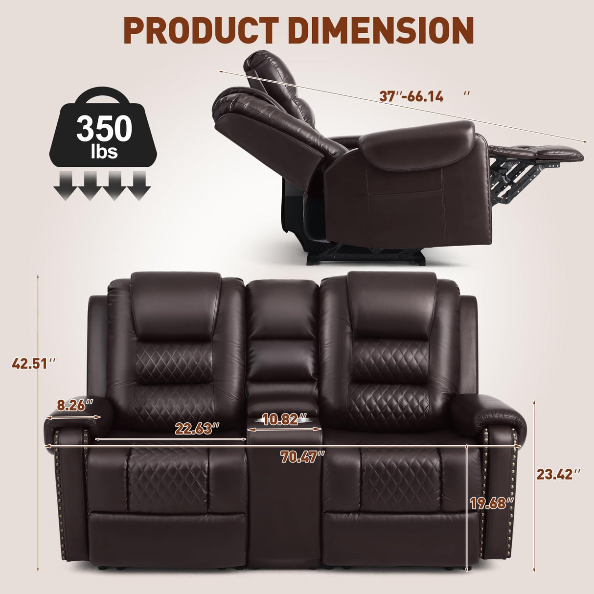Large Massage Recliner Loveseat with Lumbar Heating, PU Leather Reclining Sofa Chairs, Ergonomic Living Room Chairs with Cup Holders and Remote Control, Brown COSVALVE