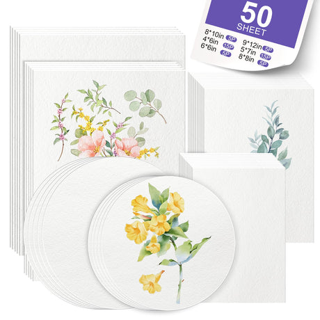 AROIC 50 Sheets Watercolor Paper Bulk, 6 Sizes 9" x 12",8" x 10",8" x 8" etc.(300 GSM), White Water Color Paper for Kids, Adults, Artists, Painting & Craft Paper, Watercolor Paper, Drawing Supplies AROIC