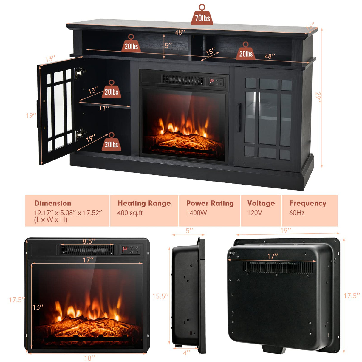 COSTWAY Electric Fireplace TV Stand for TVs Up to 55 Inches, 18-Inch Fireplace Insert with Remote, Overheat Protection, 48-Inch Wooden Media Entertainment Center with Adjustable Shelves, Black COSTWAY