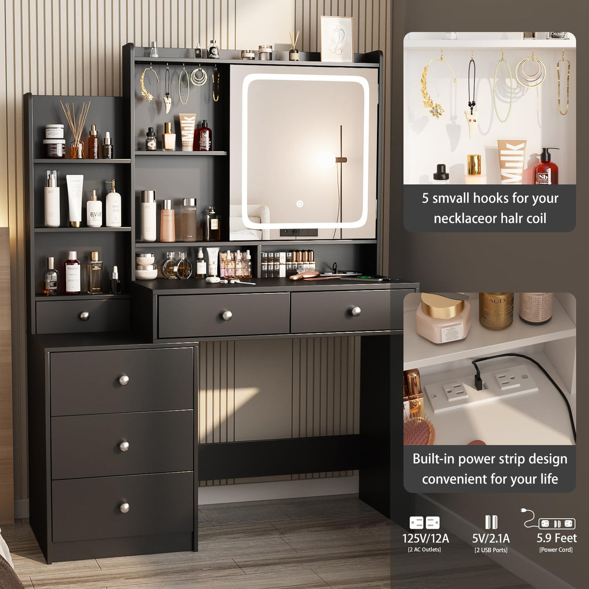 Vabches Vanity Desk with Mirror and Lights,Makeup Vanity with 6 Drawers and Shelves,Vanity Table with Power Outlet,Makeup Desk with Led Lighted Mirror in 3 Colors,for Bedroom,Black Vabches