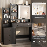 Vabches Vanity Desk with Mirror and Lights,Makeup Vanity with 6 Drawers and Shelves,Vanity Table with Power Outlet,Makeup Desk with Led Lighted Mirror in 3 Colors,for Bedroom,Black Vabches