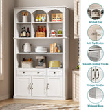 RALGEND 73.2" Tall Farmhouse Arched Bookshelf with Drawer and Door, 6 Tier Mid Century Modern Book Shelf and Bookcase with Storage, Floor Standing Display Cabinet for Living Room, Home Office, White RALGEND