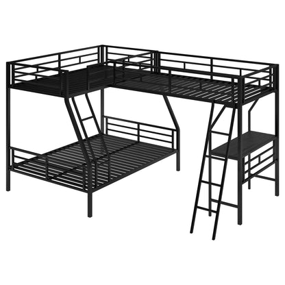 SOFTSEA Twin Over Full Metal Bunk Bed with Desk, L-Shaped Triple Bunk Bed with Ladder and Safety Guardrails, Heavy Duty Metal Bunk Bed Frame, Noise-Free, No Box Spring Needed, Black