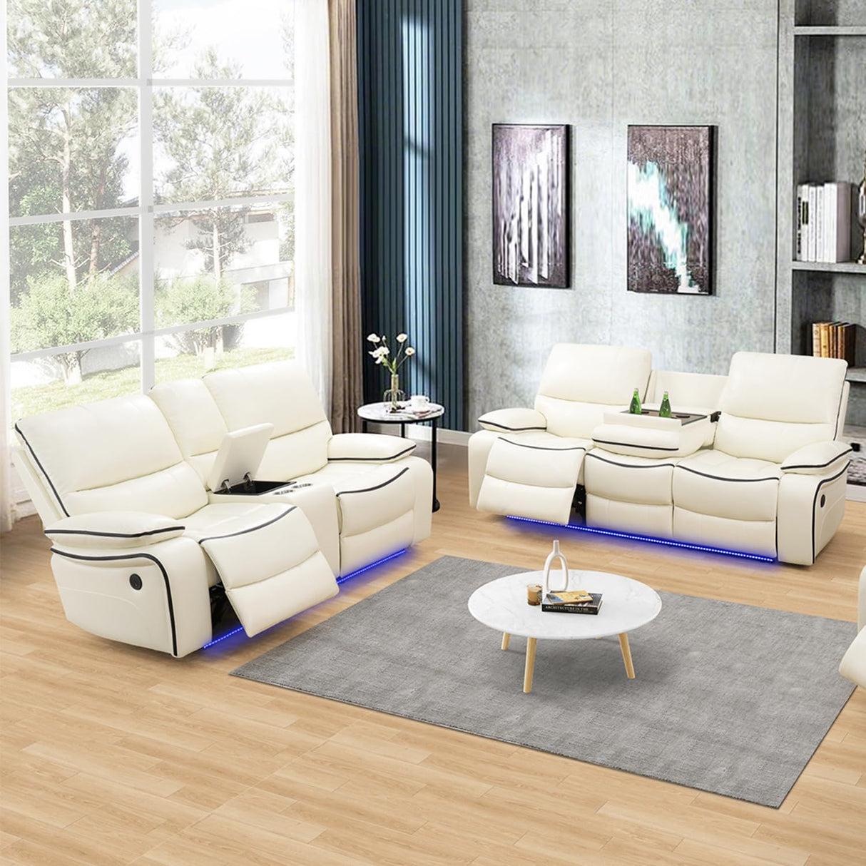 SIENWIEY Power Recliner Sofa Set with LED Lights,Leather Reclining Couch Set 2 Pieces, Creamy White Leather Couch Set with Pull Down Coffee Table/Storage Cabinet/Cup Holders(Sofa+Loveseat) SIENWIEY