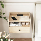 Natural Floating Nightstand Set of 2 with Charging Station and Storage Drawer Wall Mounted Bedside End Table Wood Modern Night Stand for Bedroom Nightstands Set 2 Natural HOSEOKA
