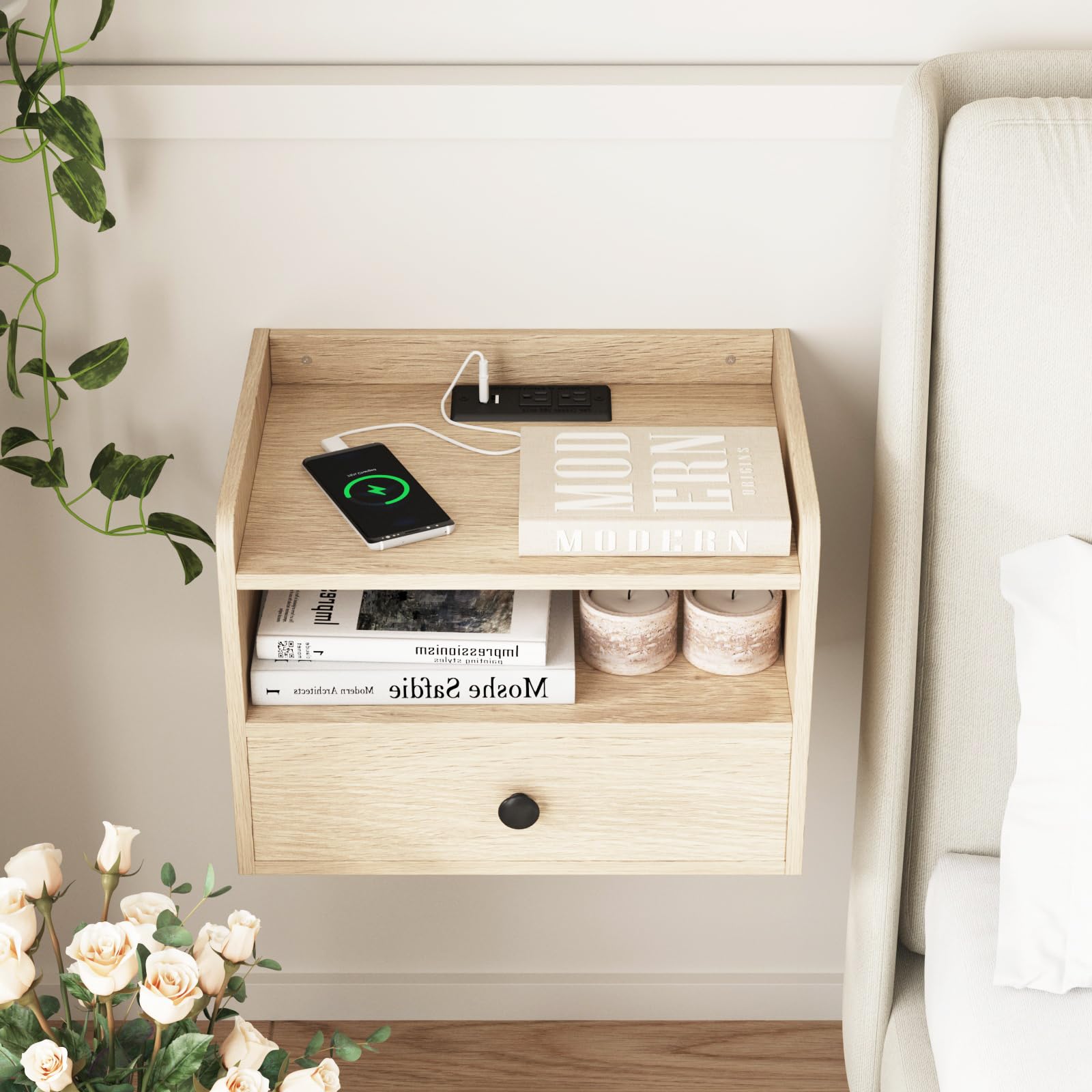 Natural Floating Nightstand Set of 2 with Charging Station and Storage Drawer Wall Mounted Bedside End Table Wood Modern Night Stand for Bedroom Nightstands Set 2 Natural - WoodArtSupply