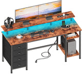 Furologee 61 Inch Desk with 4 Drawers, Computer Desk with Power Outlets and LED Lights, Office Desk with Long Monitor Stand, Large Gaming Desk with Shelf for Home Office/Bedroom/Brown Furologee