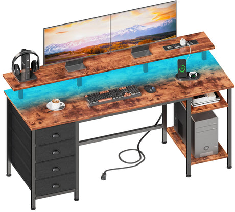 Furologee 61 Inch Desk with 4 Drawers, Computer Desk with Power Outlets and LED Lights, Office Desk with Long Monitor Stand, Large Gaming Desk with Shelf for Home Office/Bedroom/Brown Furologee