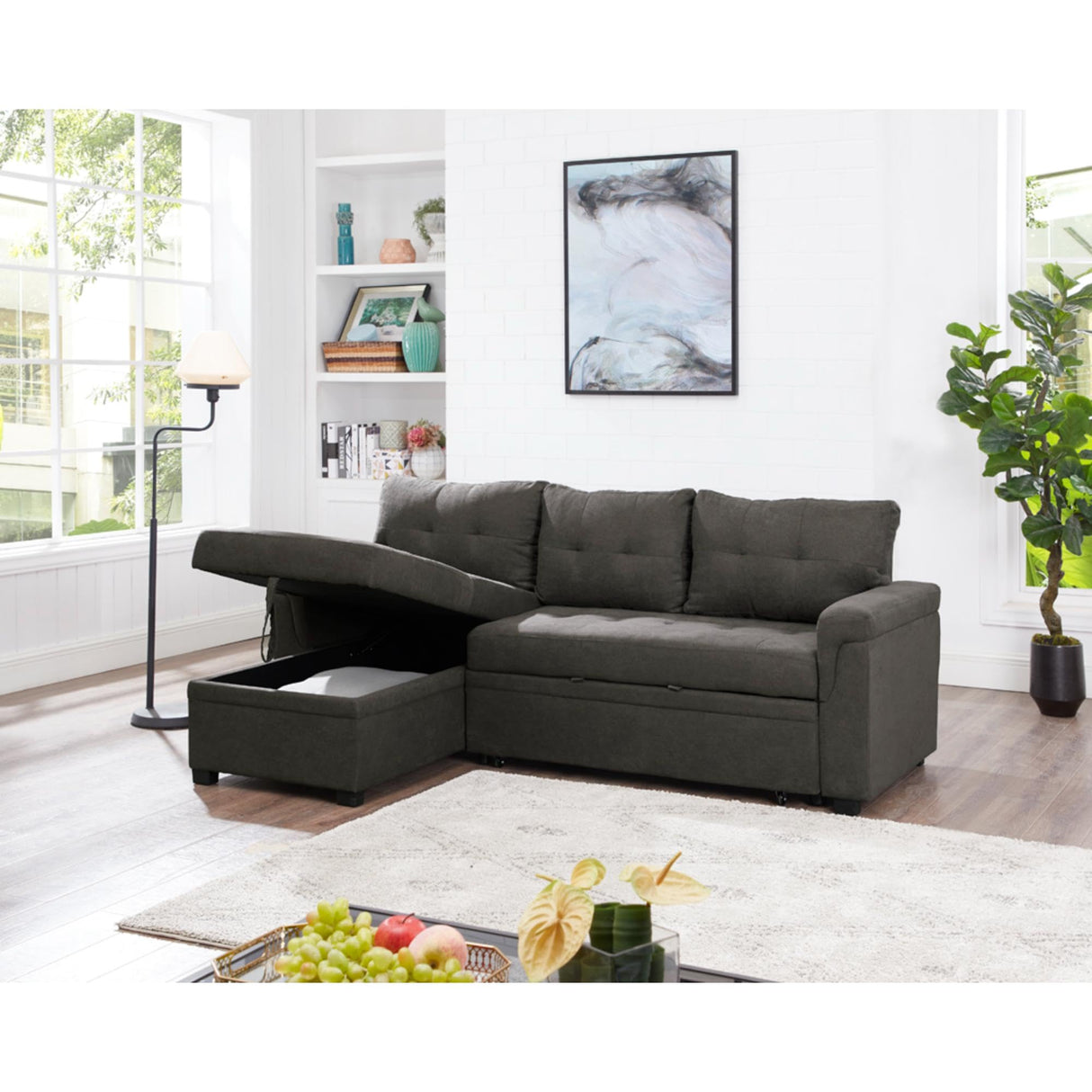 Naomi Home Jenny Tufted Sectional Sofa Sleeper with Storage Chaise, Pull-Out Couch with Storage, Sectional Sofa Bed, L-Shaped Reversible Sleeper Sofa with Storage, Dark Brown, Velvet Naomi Home