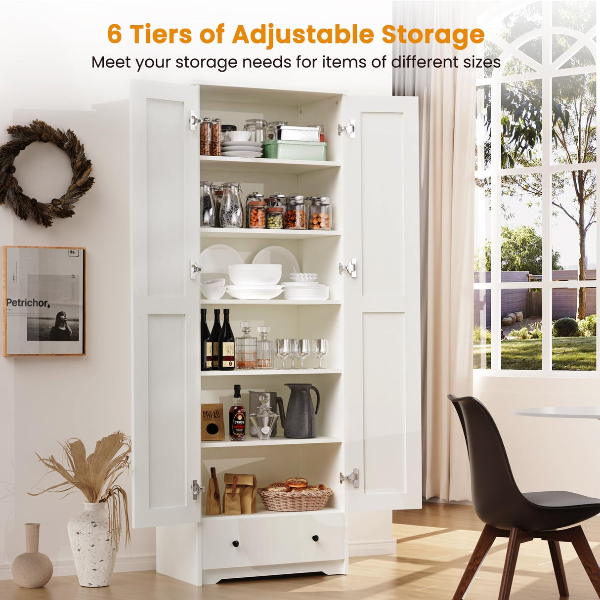 Teekyooly 70" Farmhouse Kitchen Pantry Cabinet, Tall Large Wood Storage Cabinet with 6 Adjustable Shelves, 2 Barn Doors & Drawer for Bathroom, Dining Room, Antique White Teekyooly