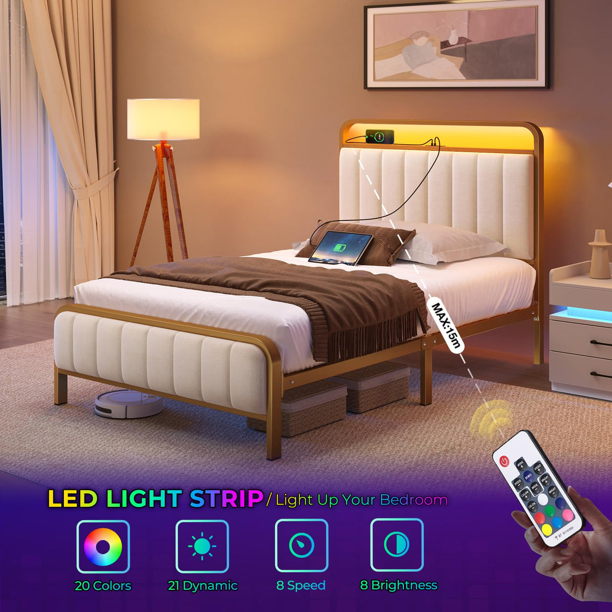 Rolanstar Twin Size Bed Frame with LED Light and Charging Station, Upholstered Headboard and Footboard, Metal Slat, Noise Free, Easy Assembly, Golden Rolanstar