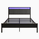 VECOCHO Queen Upholstered Bed Frame with Charging Station, LED Lights, and Headboard Storage - Dark Grey VECOCHO
